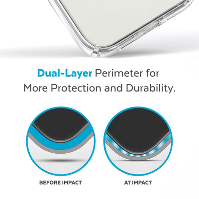 View of corner of phone case impacting ground with illustrations showing before and after impact - Dual layer perimeter for more protection and durability.#color_clear-white