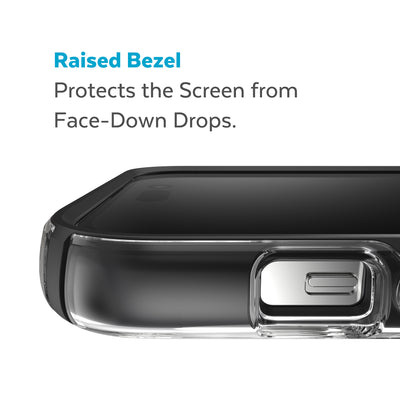 View of top of phone case laying on its back - Raised bezel protects the screen from face-down drops.#color_clear-black