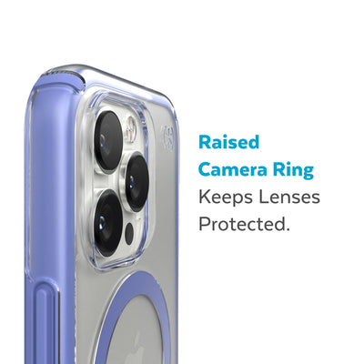 Slightly tilted view of side of phone case showing phone cameras - Raised camera ring keeps lenses protected.#color_clear-grounded-purple