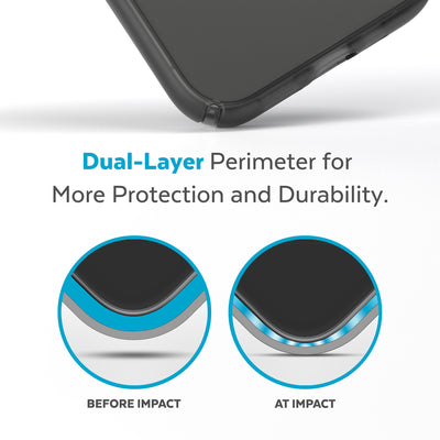 View of corner of phone case impacting ground with illustrations showing before and after impact - Dual layer perimeter for more protection and durability.#color_obsidian