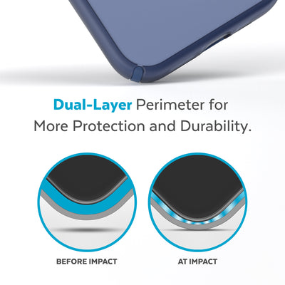 View of corner of phone case impacting ground with illustrations showing before and after impact - Dual layer perimeter for more protection and durability.#color_coastal-blue