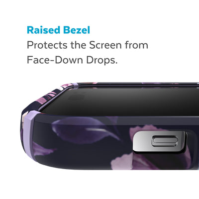 View of top of phone case laying on its back - Raised bezel protects the screen from face-down drops.#color_violet-floral-spring-purple