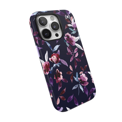 Tilted three-quarter angled view of back of phone case#color_violet-floral-spring-purple