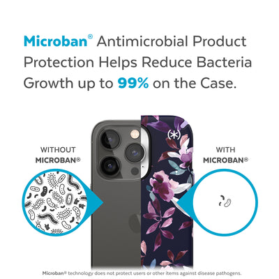 Back view, half without case, other with case, less germs on case - Microban antimicrobial product protection helps reduce bacteria growth up to 99% on the case.#color_violet-floral-spring-purple