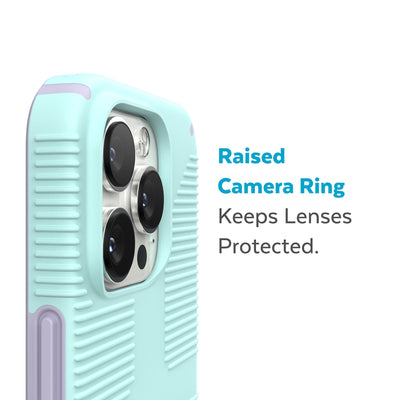 Slightly tilted view of side of phone case showing phone cameras - Raised camera ring keeps lenses protected.#color_pale-cyan-lilac