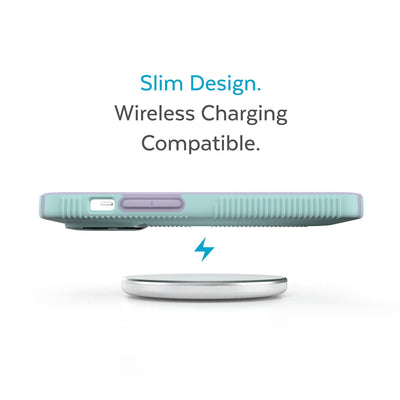 Side view of phone case hovering above a wireless charger - Slim design. Wireless charging compatible.#color_pale-cyan-lilac