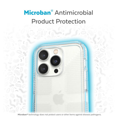 Back view of phone case with halo protecting it from bacteria - Microban antimicrobial product protection.#color_clear