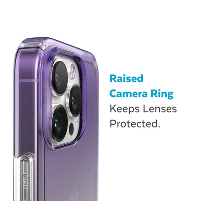 Slightly tilted view of side of phone case showing phone cameras - Raised camera ring keeps lenses protected.#color_amethyst-purple-fade-clear