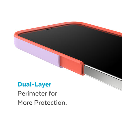 Cutaway view of case showing interior and exterior layers - Dual layer perimeter for more protection.#color_spring-purple-energy-red