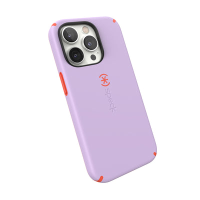 Tilted three-quarter angled view of back of phone case#color_spring-purple-energy-red