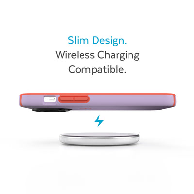 Side view of phone case hovering above a wireless charger - Slim design. Wireless charging compatible.#color_spring-purple-energy-red