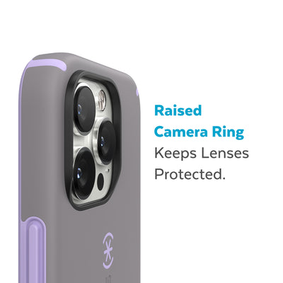 Slightly tilted view of side of phone case showing phone cameras - Raised camera ring keeps lenses protected.#color_cloudy-grey-spring-purple