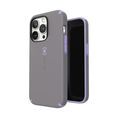 Three-quarter view of back of phone case simultaneously shown with three-quarter front view of phone case#color_cloudy-grey-spring-purple