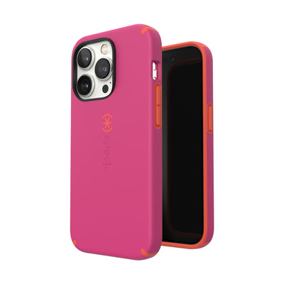 Three-quarter view of back of phone case simultaneously shown with three-quarter front view of phone case#color_digital-pink-energy-red