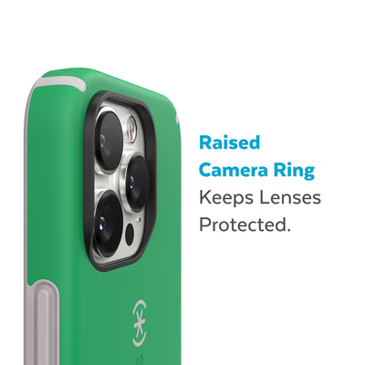 Slightly tilted view of side of phone case showing phone cameras - Raised camera ring keeps lenses protected.#color_renew-green-sweater-grey