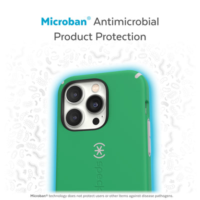 Back view of phone case with halo protecting it from bacteria - Microban antimicrobial product protection.#color_renew-green-sweater-grey