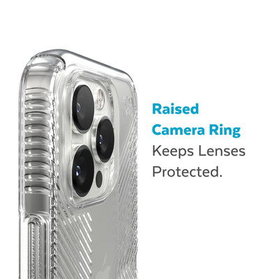 Slightly tilted view of side of phone case showing phone cameras - Raised camera ring keeps lenses protected.#color_clear