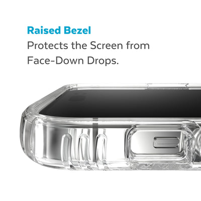 View of top of phone case laying on its back - Raised bezel protects the screen from face-down drops.#color_clear-silver