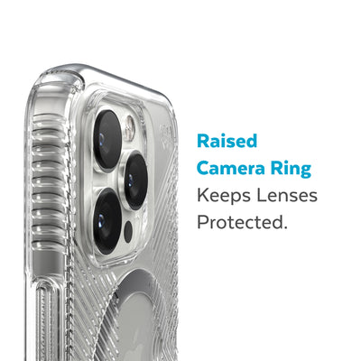 Slightly tilted view of side of phone case showing phone cameras - Raised camera ring keeps lenses protected.#color_clear-silver