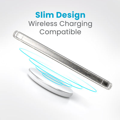 A phone is charging over a wireless charger. Text reads slim design, wireless charging compatible#color_clear-gold-glitter