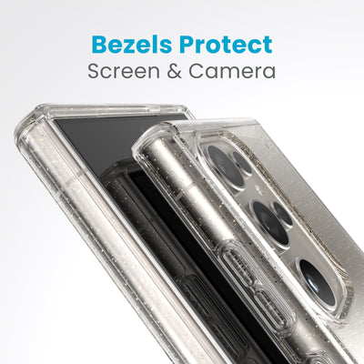 A case with camera facing up is on a case with screen facing up. Raised bezels around screen and camera are clearly visible. Text reads bezels protect screen and camera#color_clear-gold-glitter