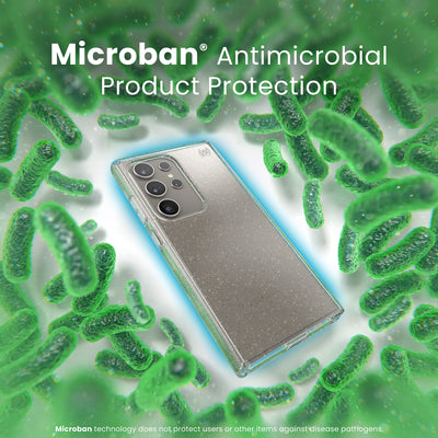 A case is surrounded by bacteria. A halo around the phone keeps the bacteria away. Text reads Microban antimicrobial product protection#color_clear-gold-glitter