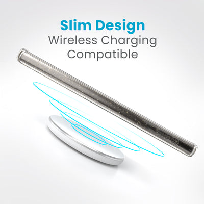 A phone is charging over a wireless charger. Text reads slim design, wireless charging compatible#color_clear-gold-glitter