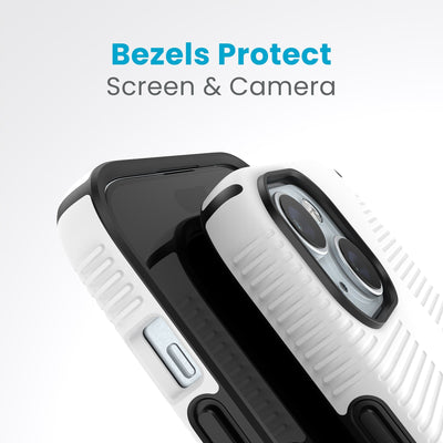 A case with phone inside with camera facing up is lying on top of a case with phone inside with screen facing up. Both are at a sharp angle clearly showing case's raised bezels around screen and camera. Text reads bezels protect screen and camera.#color_white-black