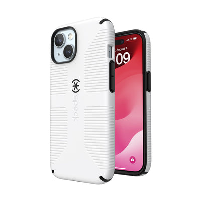 Three-quarter view of back of phone case simultaneously shown with three-quarter front view of phone case.#color_white-black