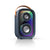 Three-quarter view of speaker with rainbow colored light show activated