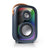 Three-quarter view of speaker with rainbow colored light show activated