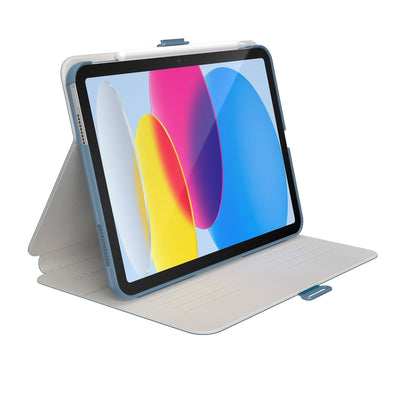 Three-quarter view of front of the case, using view stand formation.#color_piccards-blue-frost-beige-faded-teal