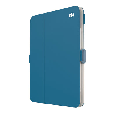 Three-quarter view of front of the case, with folio closed.#color_piccards-blue-frost-beige-faded-teal