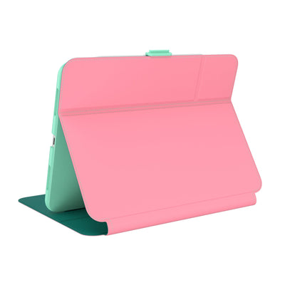 Three-quarter view of back of the case, using view stand formation.#color_ibis-pink-deep-malachite-jelly-mint