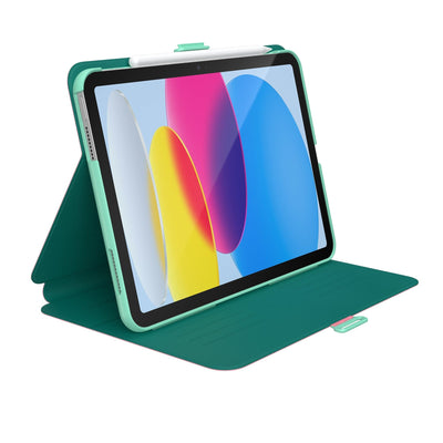 Three-quarter view of front of the case, using view stand formation.#color_ibis-pink-deep-malachite-jelly-mint