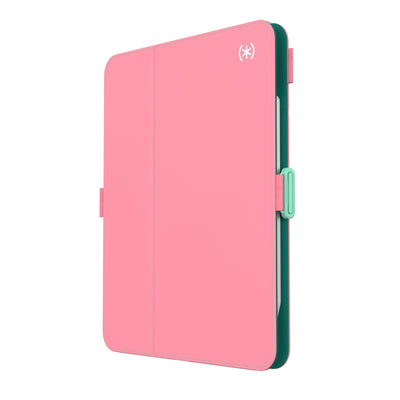 Three-quarter view of front of the case, with folio closed.#color_ibis-pink-deep-malachite-jelly-mint