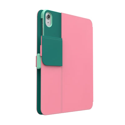 Three-quarter view of the back of the case, with folio closed and camera flap folded down.#color_ibis-pink-deep-malachite-jelly-mint