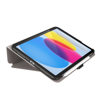 Three-quarter view of the front of the case, using typing stand formation.#color_ceramic-grey-autumn-sky-black