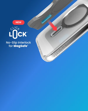 A Wallet for MagSafe with ClickLock accessory hovers over a ClickLock iPhone case with it's no-slip interlock extended and arrow pointing to receptacle in case. Text reads New ClickLock No-Slip Interlock for MagSafe.