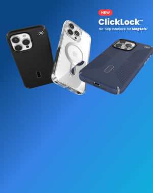 Three iPhone 15 phones with ClickLock cases by Speck hover over a blue background. Text reads New ClickLock No-Slip Interlock for MagSafe.