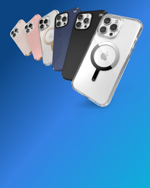 iPhone 15 phones in various cases by Speck fanned out over a blue background.