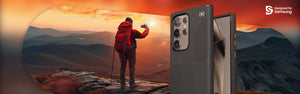 A hiker on a mountain takes a picture of a sunset with a smartphone, a Samsung Galaxy S24 Ultra in a Presidio2 Grip case by Speck is in the foreground