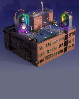 A building with people partying on the roof with giant GEMTONES Infinity Speakers by Speck providing the sound