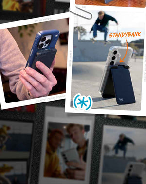 Close-up of a hand holding an iPhone with a StandyBank charger attached to it and another shot of a Samsung S25 with StandyBank attached and kickstand deployed while a skateboarder does a jump trick in the background. Text reads Power Your Passion.