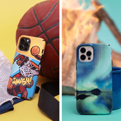Split screen view of the Presidio Edition: Off The Court Collection case on an iPhone leaning on a basketball on one side an the Presidio Edition: Digital Oasis Collection case in front of a campfire