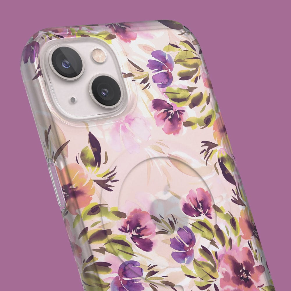 Three-quarter angle of iPhone 13 case in Brushed Floral