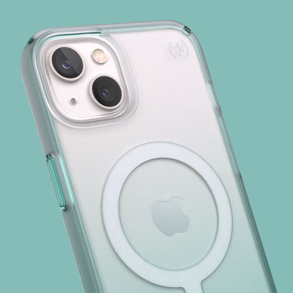 Three-quarter angle of iPhone 13 case in Arctic Teal Fade
