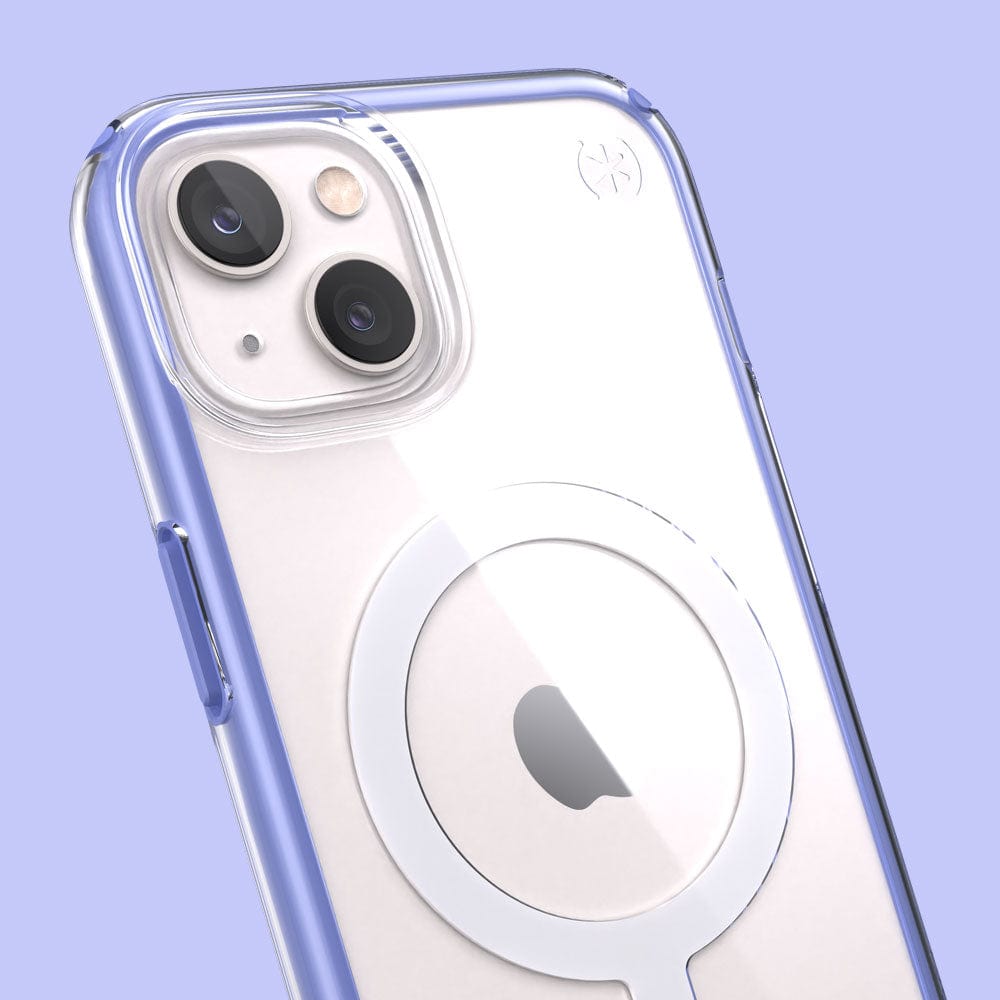 Three-quarter angle of iPhone 13 case in Clear with Grounded Purple border