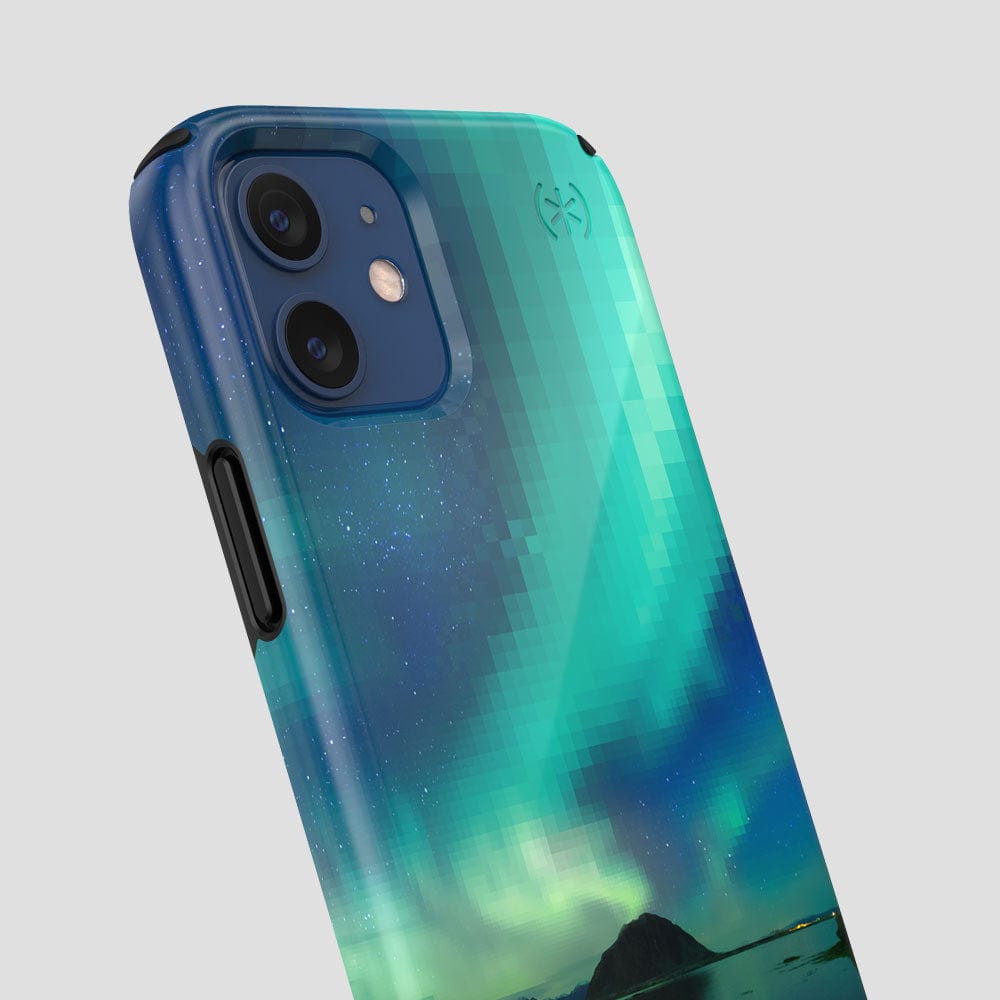 Three-quarter angle of iPhone 12 mini case in Digital Oasis pattern