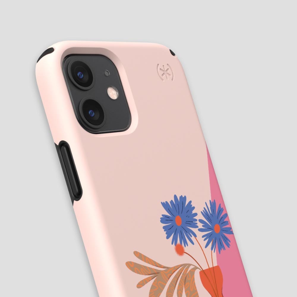 Three-quarter angle of iPhone 12 mini case in Blue Bouquet pattern